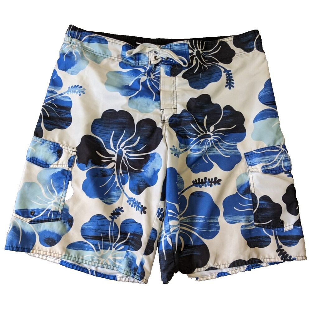 Hang Ten Swim Trunks Board Shorts Men LG Blue Floral Cargo Pockets